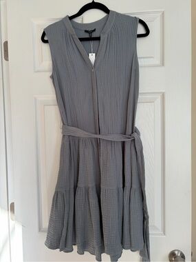 DREW Sleeveless Tiered Gray Belted Midi Dress